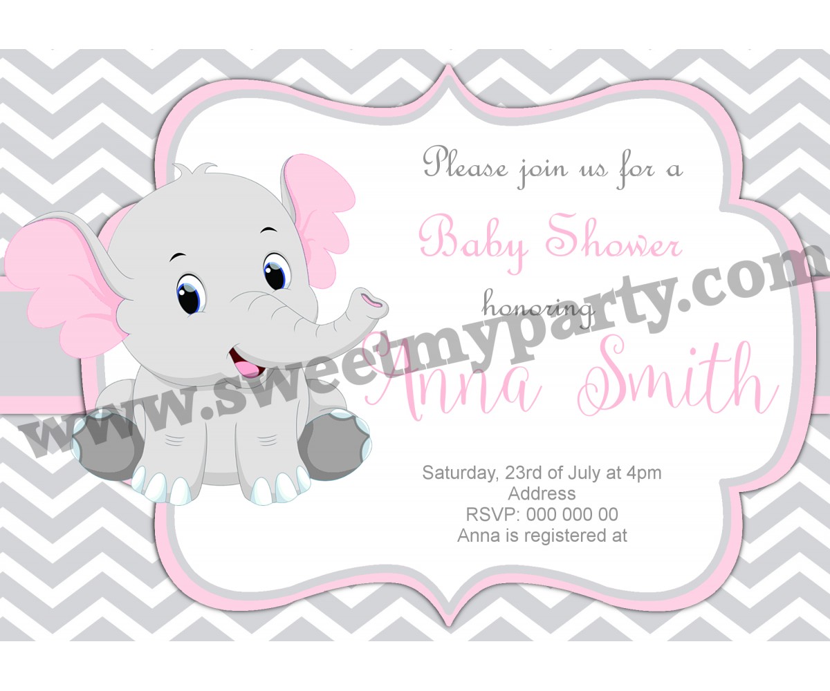 Pink and Grey Elephant Baby Shower Invitation,(9ebb)